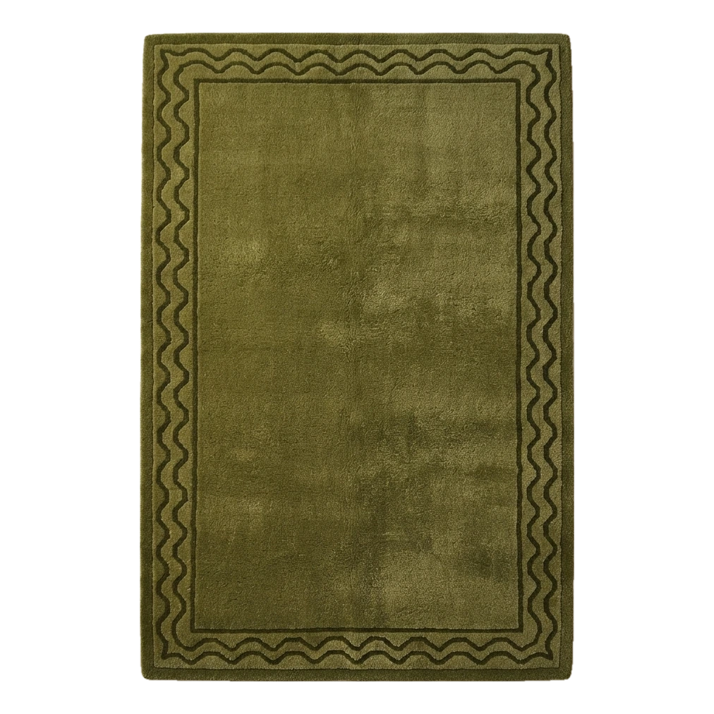 Olive Green Hand-Tufted Rug with Tonal Wave Border