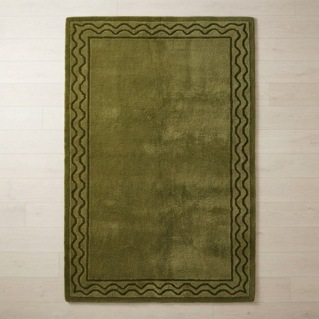 Olive Green Hand-Tufted Rug with Tonal Wave Border - studio photo