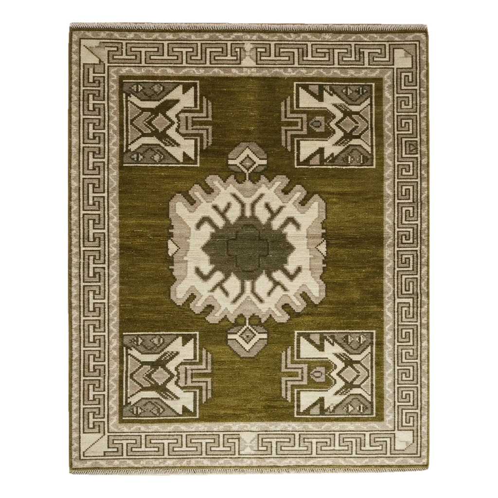 Olive Green Medallion Hand-Knotted Rug with Ivory Greek Key Border - alternate view