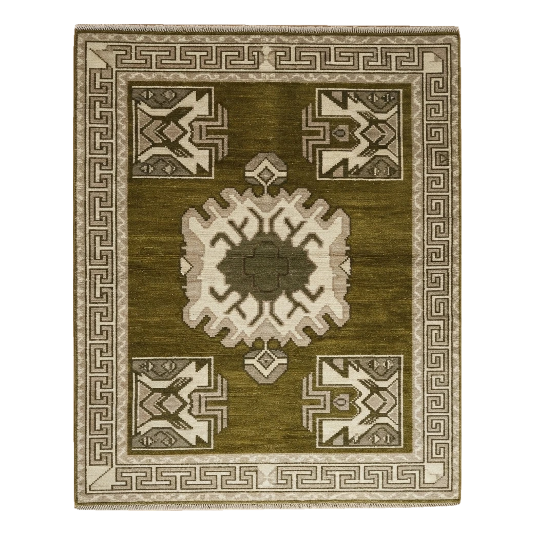Olive Green Medallion Hand-Knotted Rug with Ivory Greek Key Border - alternate view