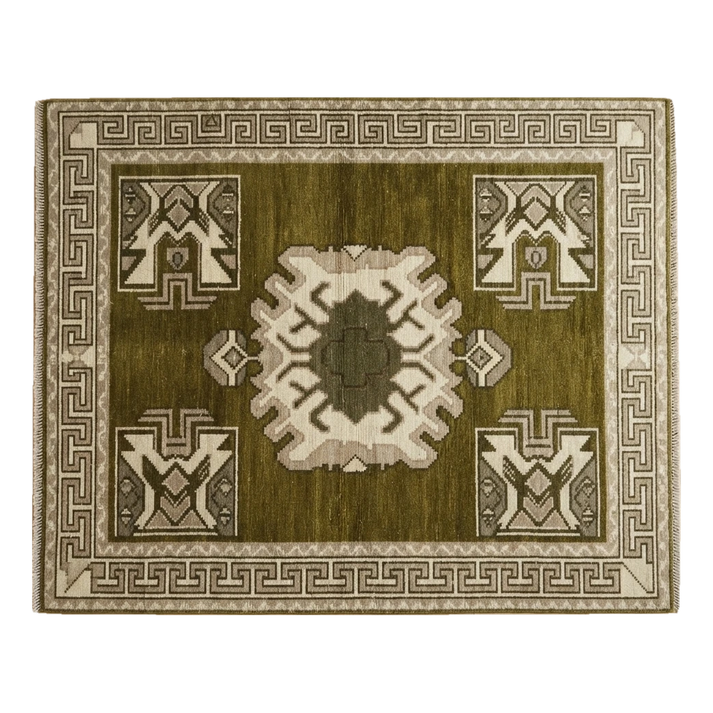 Olive Green Medallion Hand-Knotted Rug with Ivory Greek Key Border