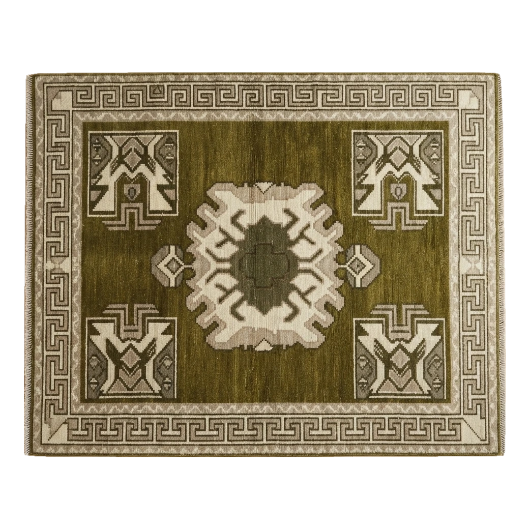 Olive Green Medallion Hand-Knotted Rug with Ivory Greek Key Border