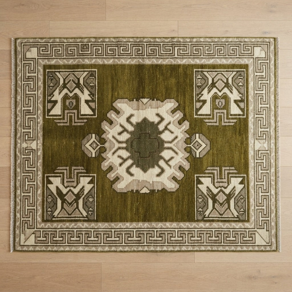 Olive Green Medallion Hand-Knotted Rug with Ivory Greek Key Border - studio photo