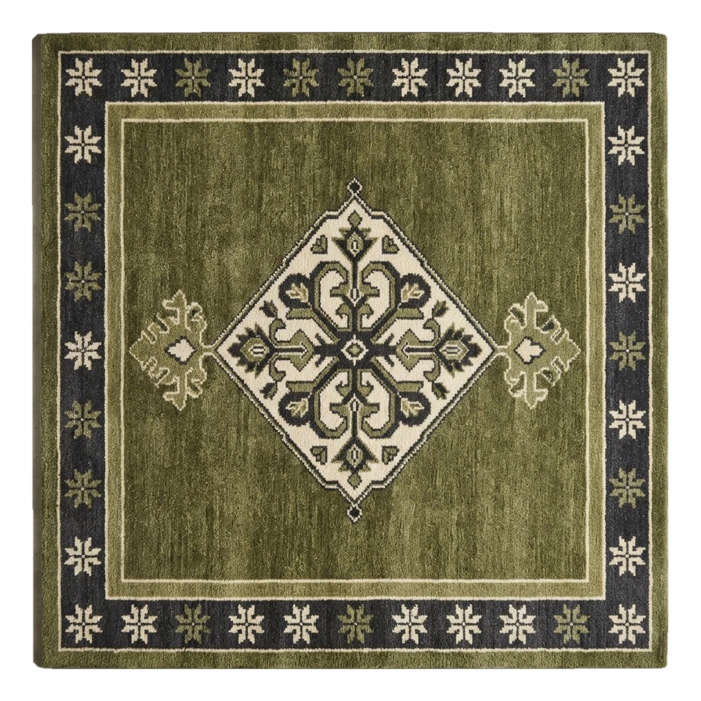 Olive Green Medallion Hand-Tufted Rug with Charcoal Star Border - alternate view