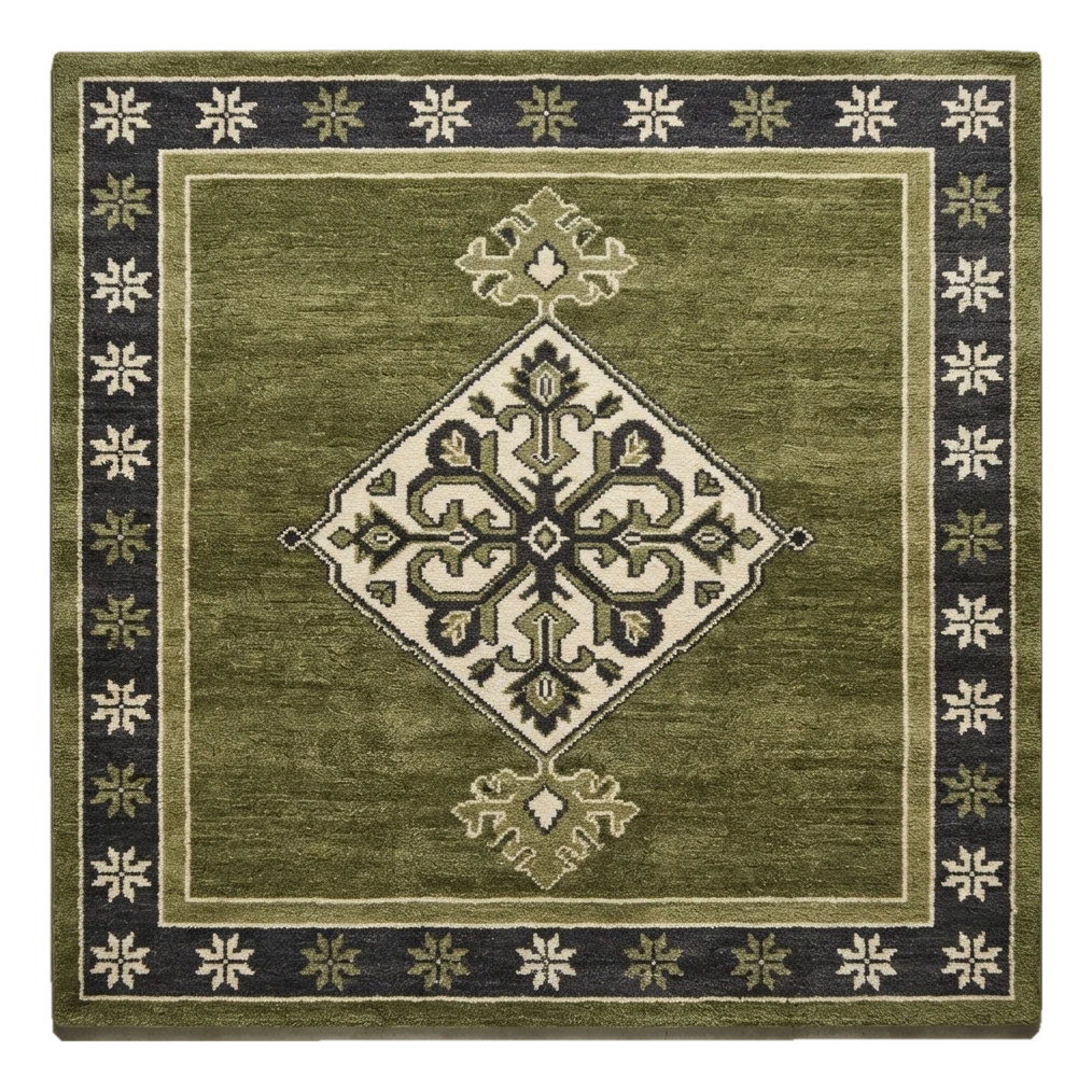 Olive Green Medallion Hand-Tufted Rug with Charcoal Star Border
