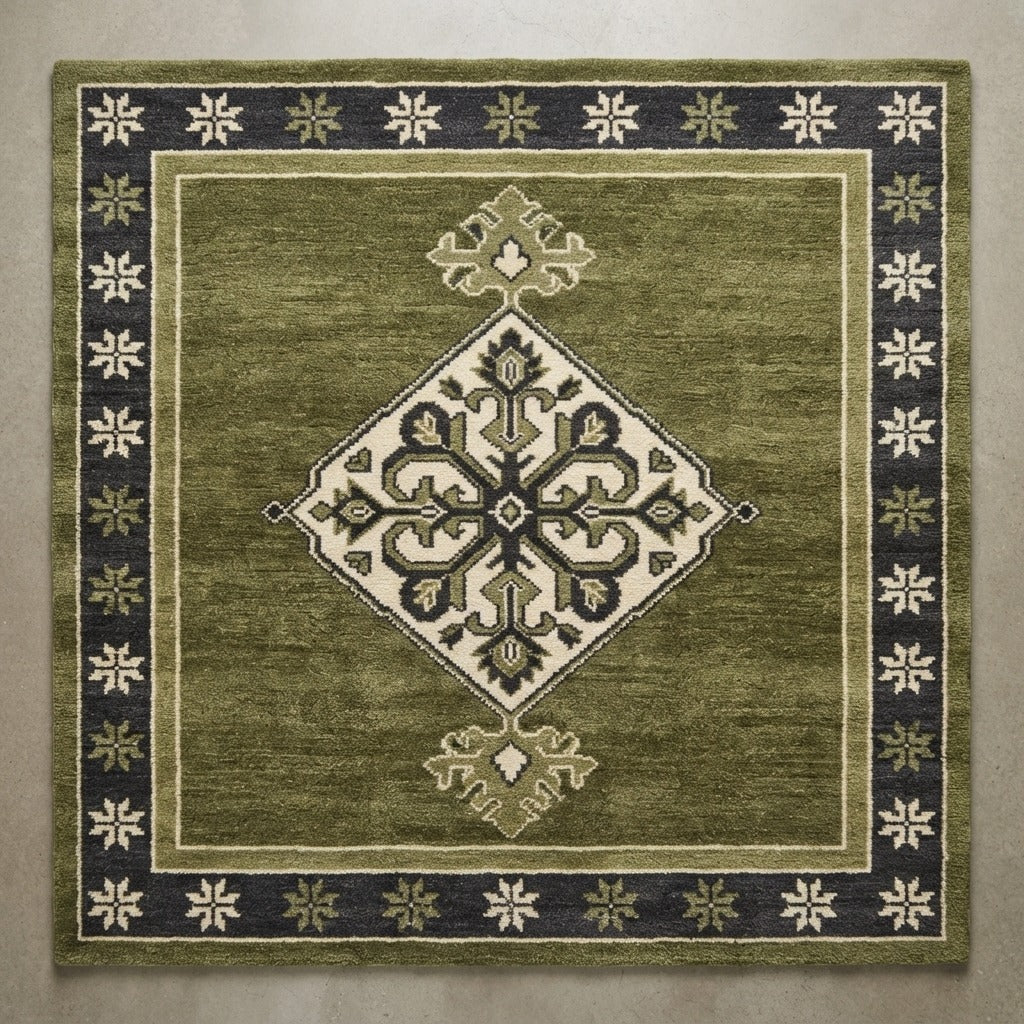 Olive Green Medallion Hand-Tufted Rug with Charcoal Star Border - studio photo