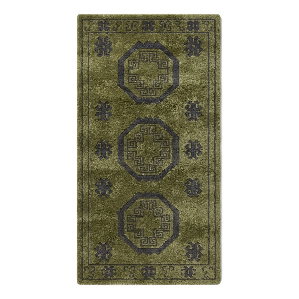 Olive Green Octagon Medallion Hand-Tufted Runner with Charcoal Accents