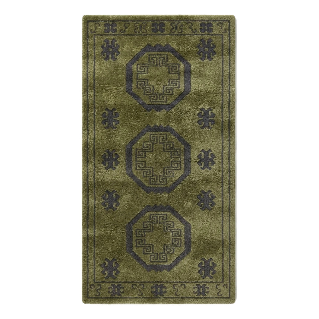 Olive Green Octagon Medallion Hand-Tufted Runner with Charcoal Accents