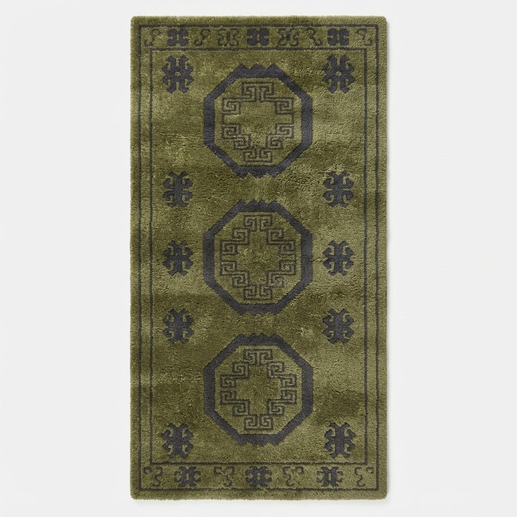 Olive Green Octagon Medallion Hand-Tufted Runner with Charcoal Accents - studio photo