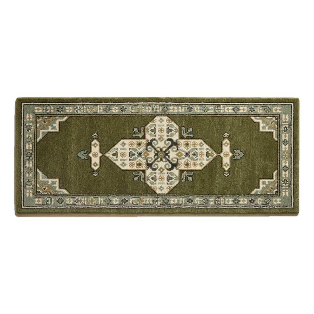 Olive Green Persian Medallion Hand-Tufted Runner with Ivory Border - alternate view