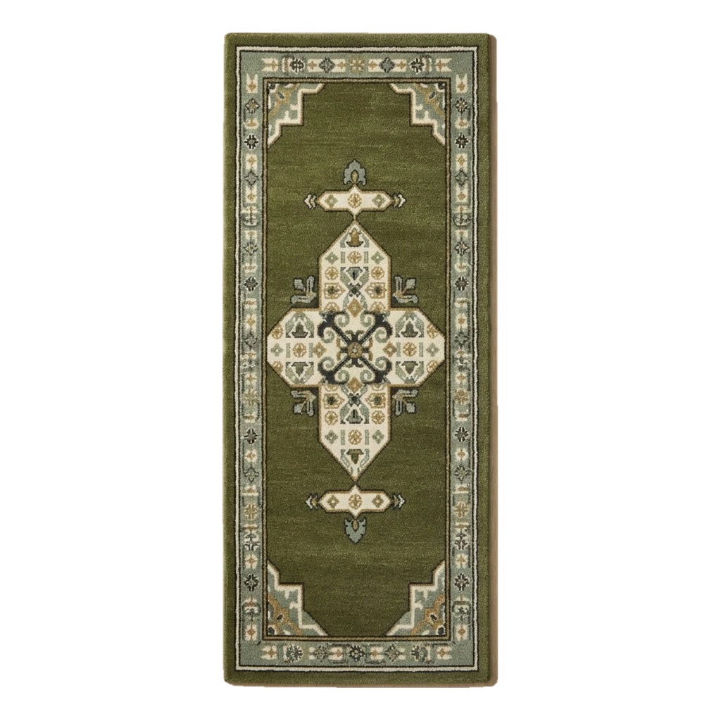 Olive Green Persian Medallion Hand-Tufted Runner with Ivory Border