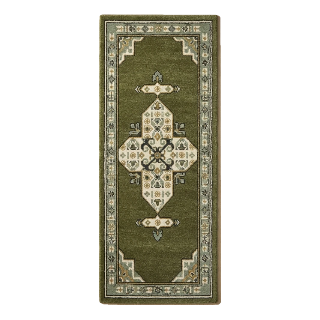 Olive Green Persian Medallion Hand-Tufted Runner with Ivory Border
