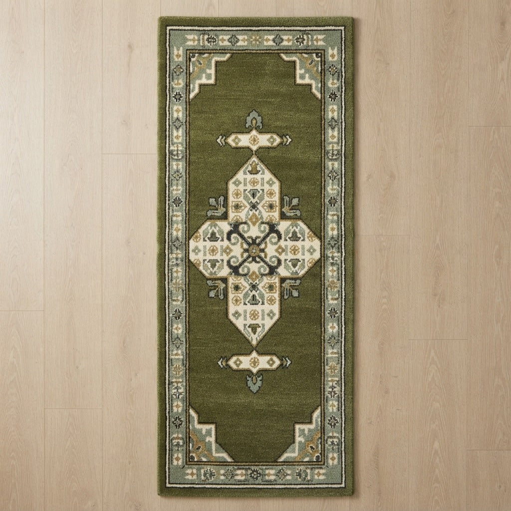 Olive Green Persian Medallion Hand-Tufted Runner with Ivory Border - studio photo