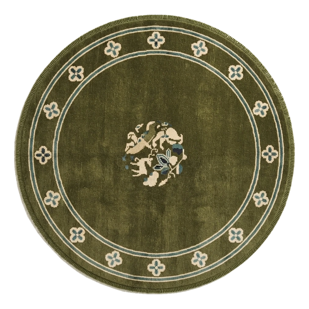Olive Green Round Chinese Art Deco Hand-Knotted Rug with Ivory Florets - alternate view