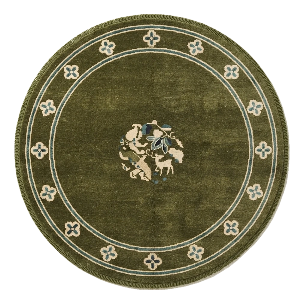 Olive Green Round Chinese Art Deco Hand-Knotted Rug with Ivory Florets
