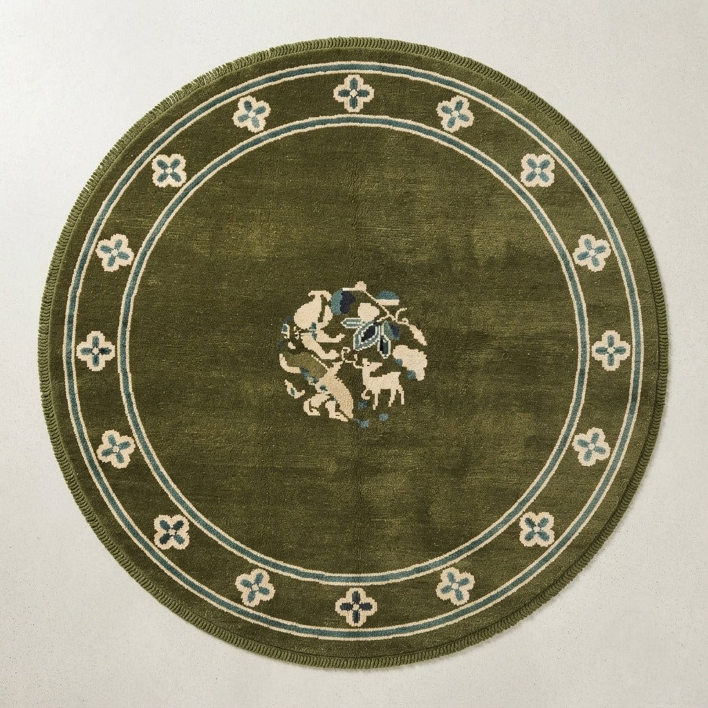Olive Green Round Chinese Art Deco Hand-Knotted Rug with Ivory Florets - studio photo
