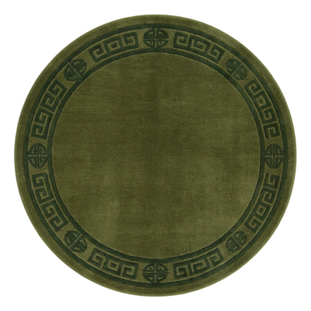 Olive Green Round Hand-Knotted Rug with Tonal Greek Key Border - alternate view