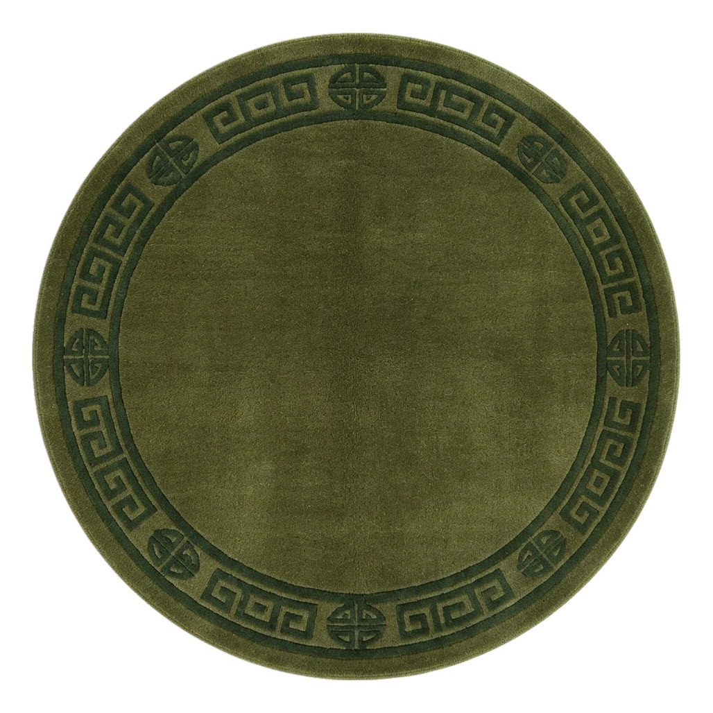 Olive Green Round Hand-Knotted Rug with Tonal Greek Key Border - alternate view