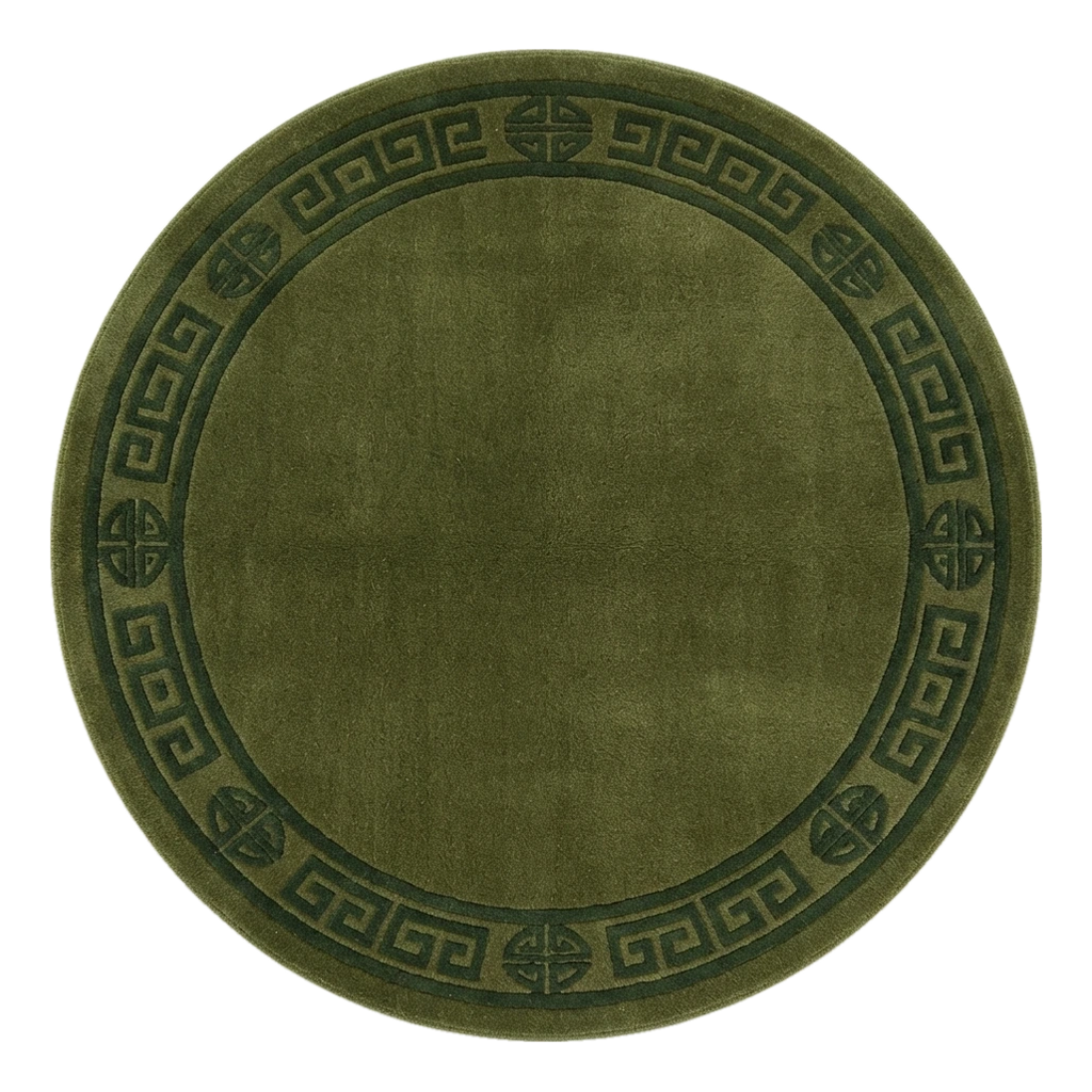 Olive Green Round Hand-Knotted Rug with Tonal Greek Key Border