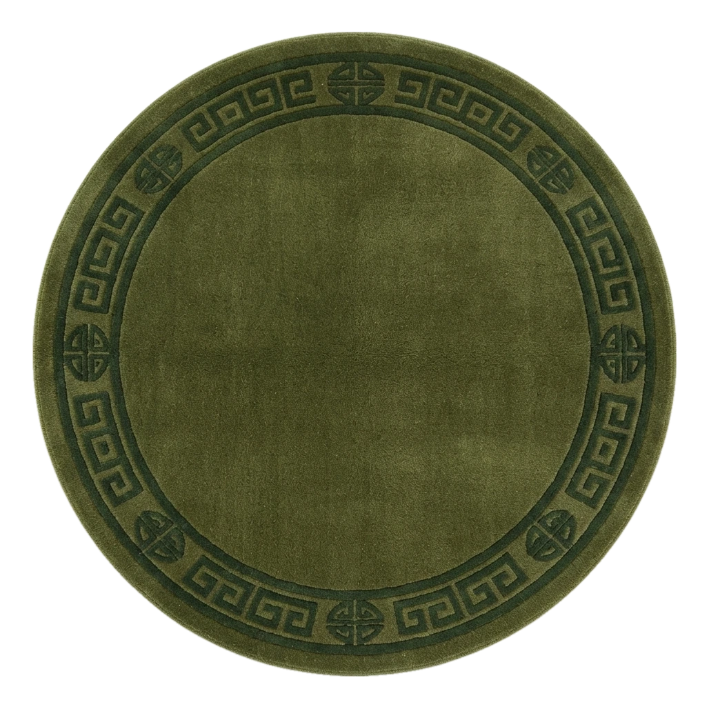 Olive Green Round Hand-Knotted Rug with Tonal Greek Key Border