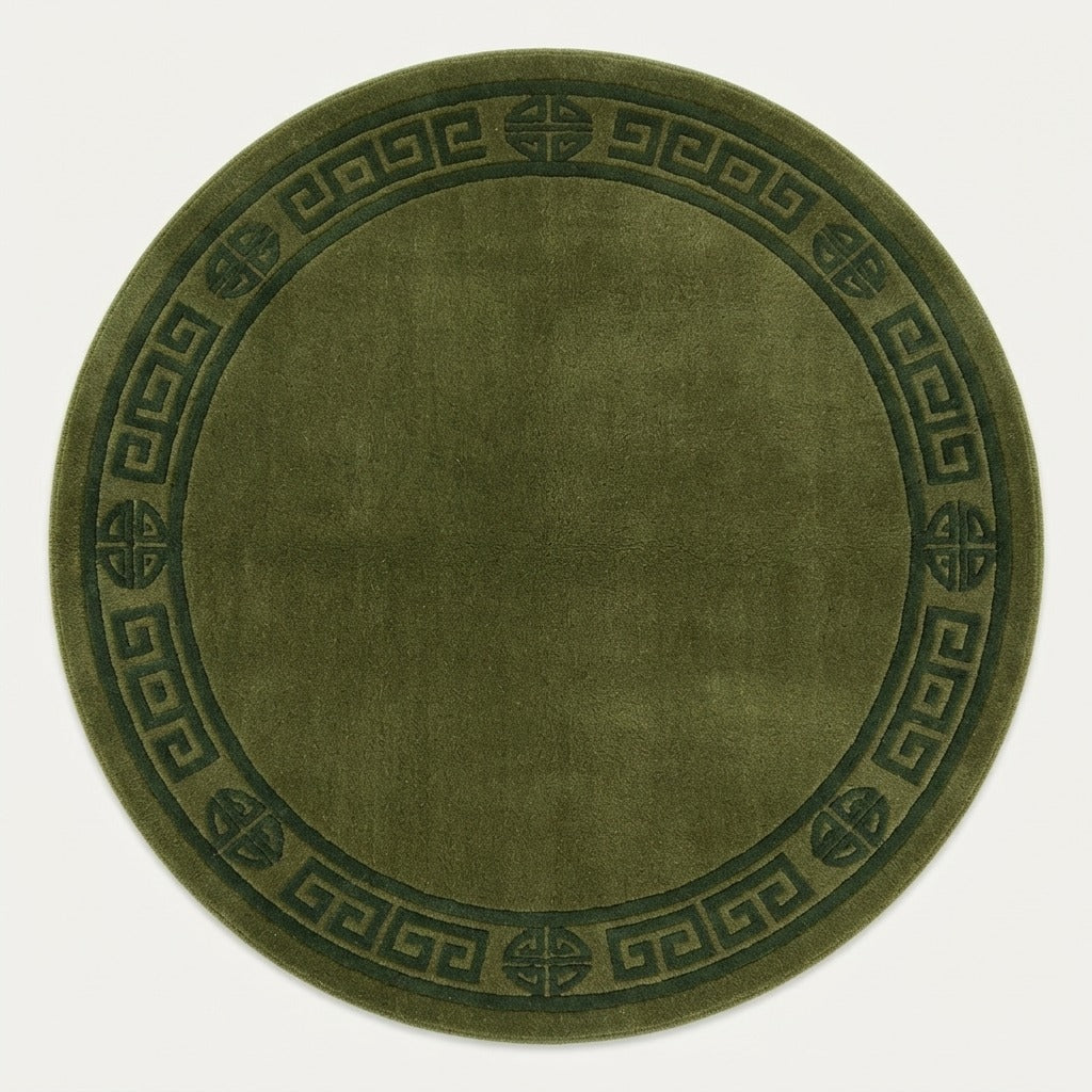 Olive Green Round Hand-Knotted Rug with Tonal Greek Key Border - studio photo