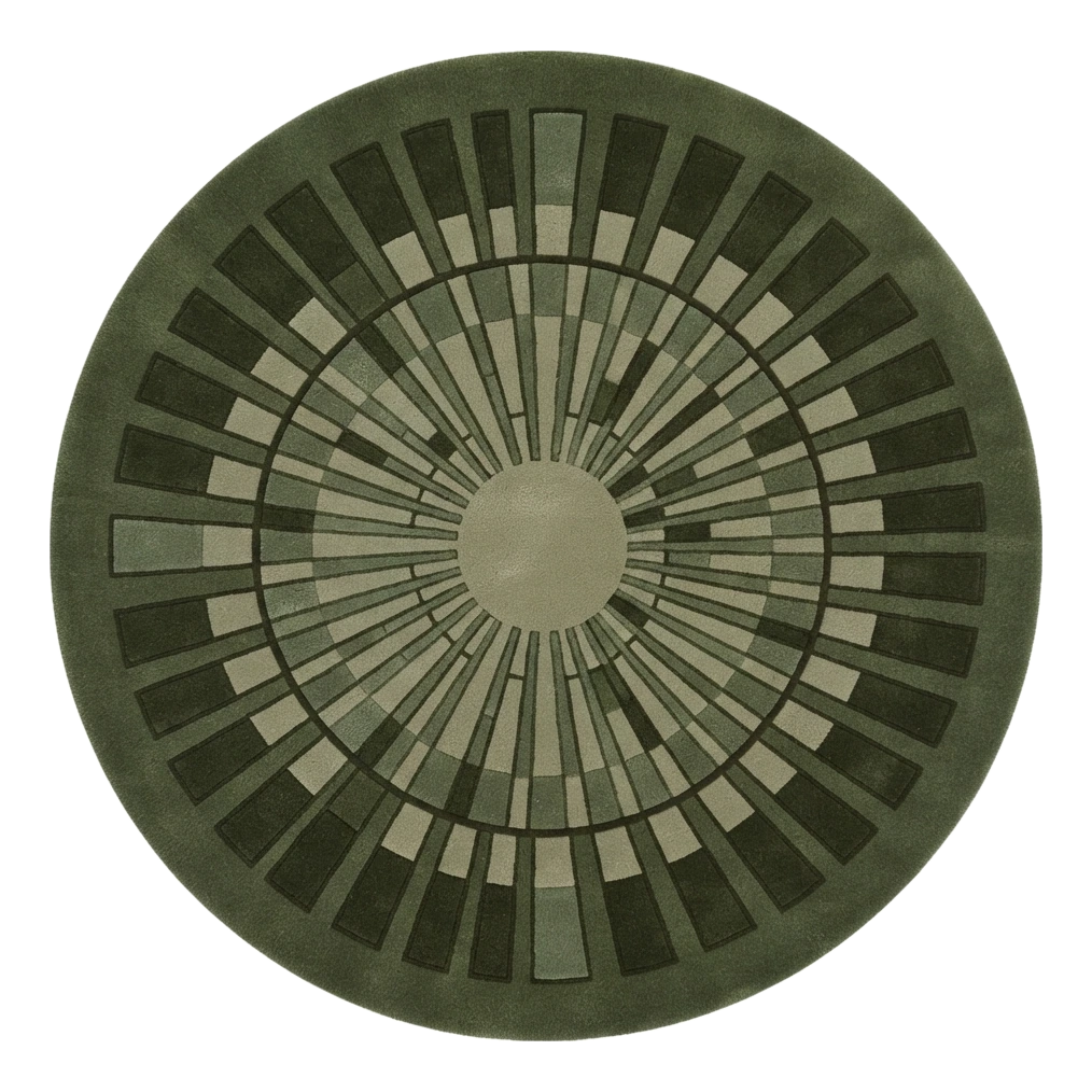 Olive Green Round Hand-Tufted Rug with Sage Art Deco Sunburst - alternate view