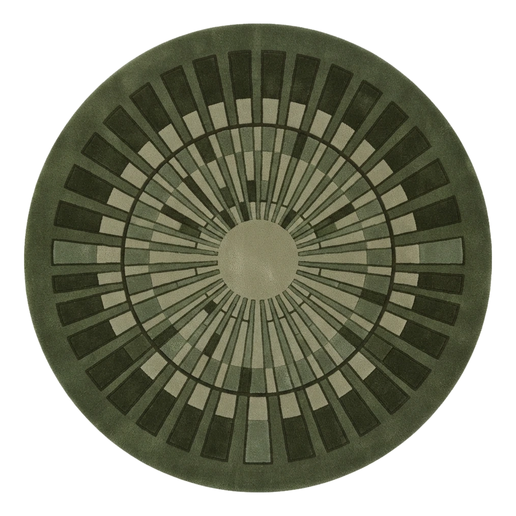 Olive Green Round Hand-Tufted Rug with Sage Art Deco Sunburst