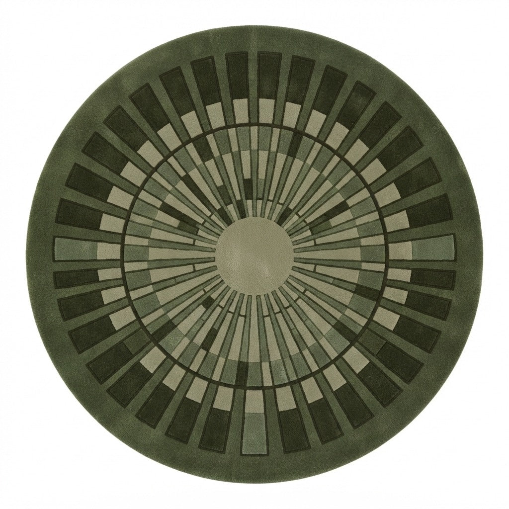 Olive Green Round Hand-Tufted Rug with Sage Art Deco Sunburst - studio photo