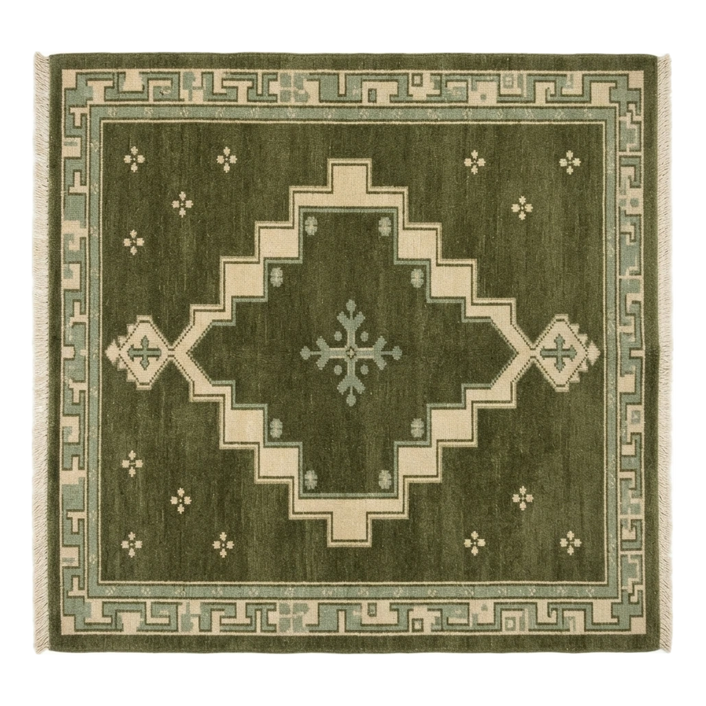 Olive Green Square Hand-Knotted Rug with Ivory Stepped Diamond Medallion - alternate view