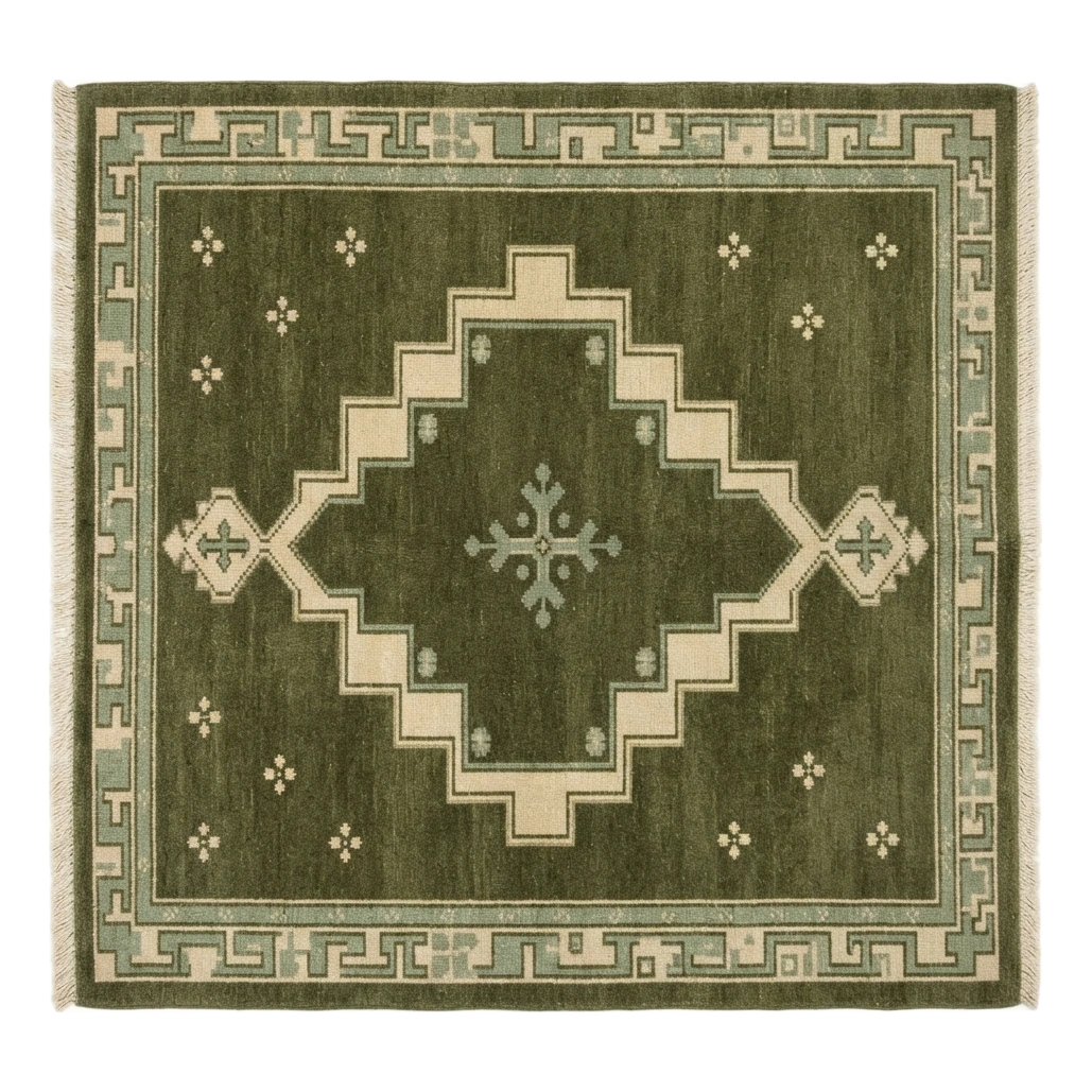 Olive Green Square Hand-Knotted Rug with Ivory Stepped Diamond Medallion - alternate view