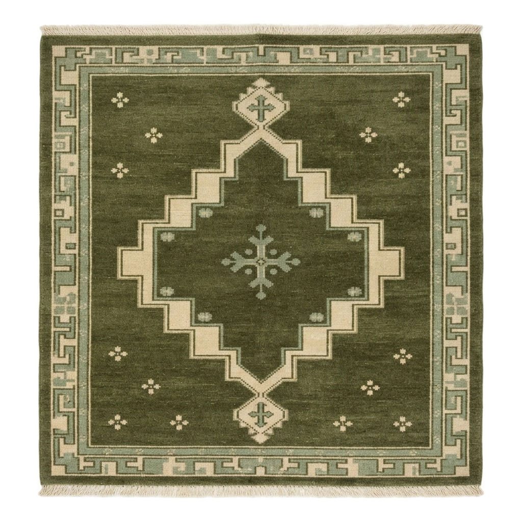 Olive Green Square Hand-Knotted Rug with Ivory Stepped Diamond Medallion