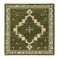 Olive Green Square Hand-Knotted Rug with Ivory Stepped Diamond Medallion