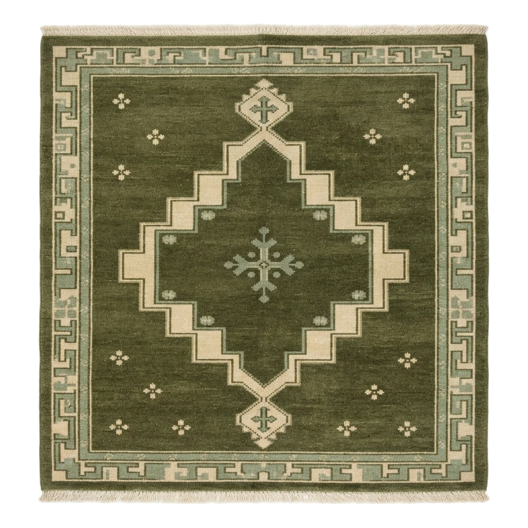 Olive Green Square Hand-Knotted Rug with Ivory Stepped Diamond Medallion