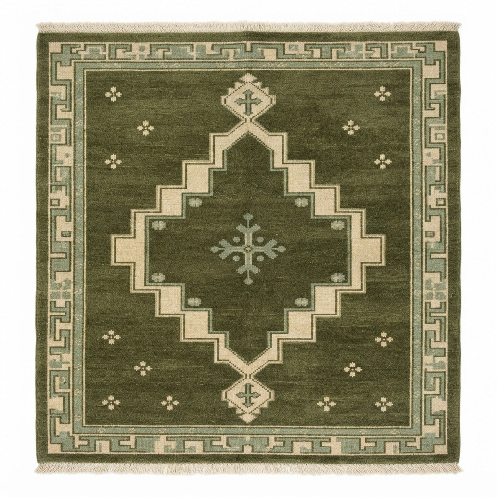 Olive Green Square Hand-Knotted Rug with Ivory Stepped Diamond Medallion - studio photo
