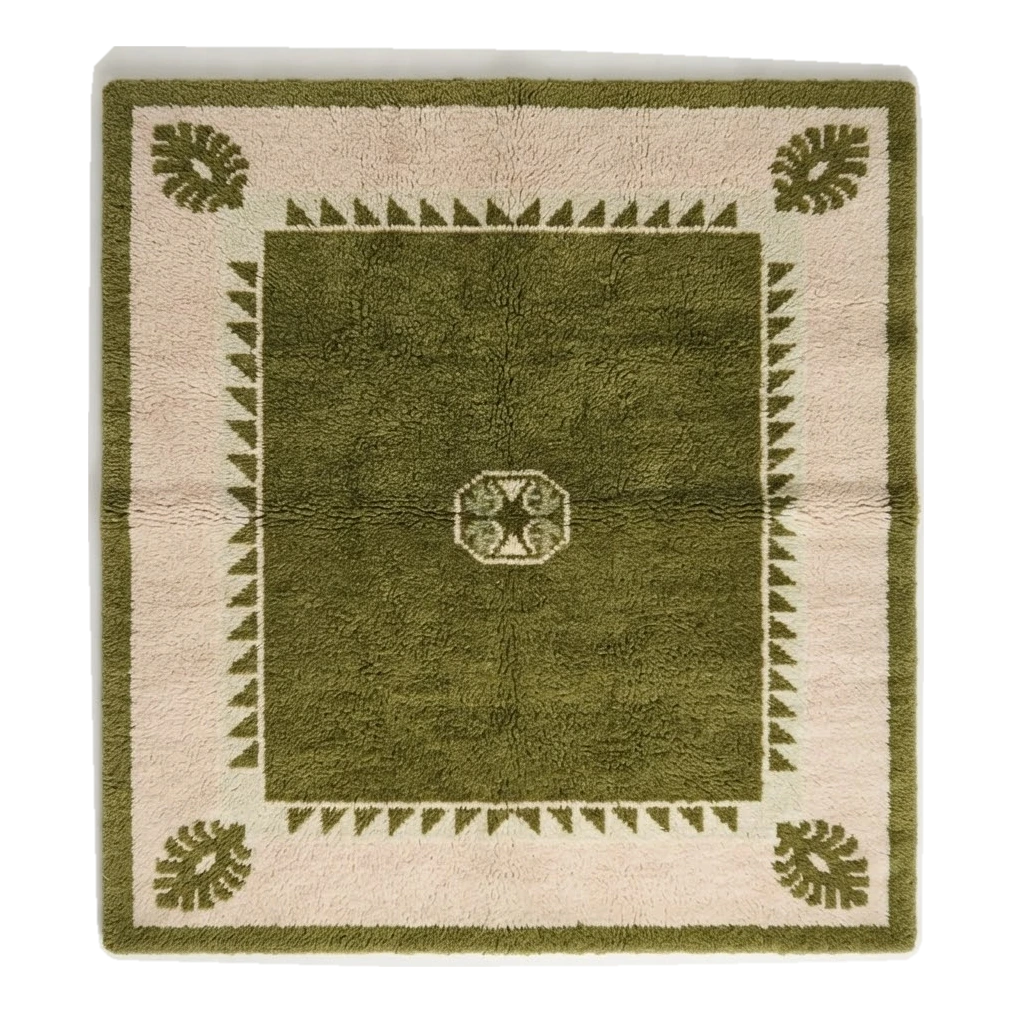 Olive Green Square Hand-Tufted Rug with Blush Border and Palm Leaf Corners - alternate view