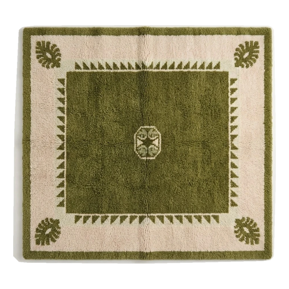 Olive Green Square Hand-Tufted Rug with Blush Border and Palm Leaf Corners
