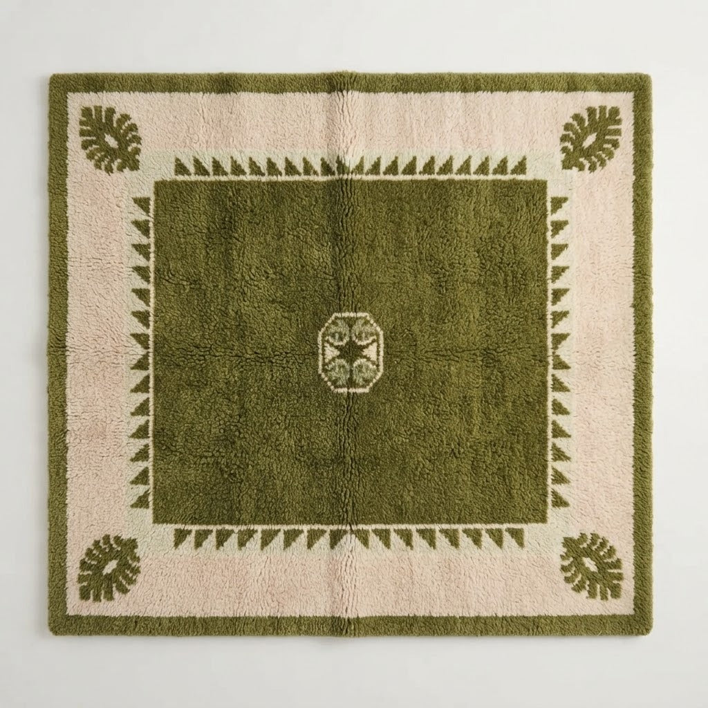 Olive Green Square Hand-Tufted Rug with Blush Border and Palm Leaf Corners - studio photo