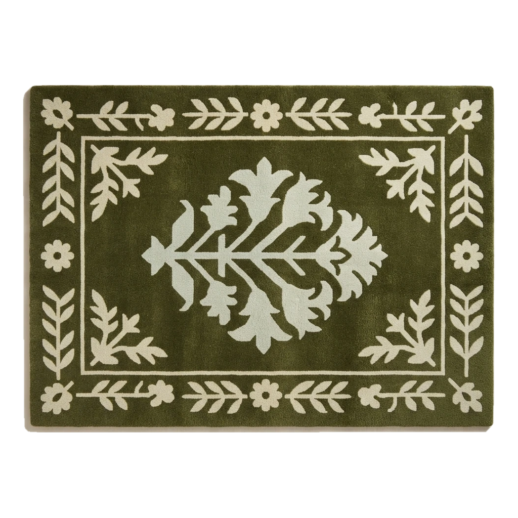 Olive Green Tree of Life Hand-Tufted Rug with Ivory Floral Border - alternate view