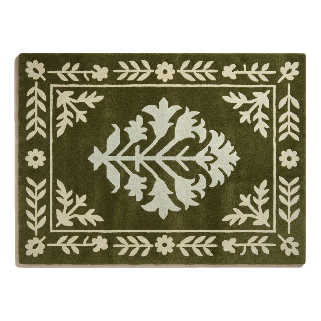 Olive Green Tree of Life Hand-Tufted Rug with Ivory Floral Border - alternate view