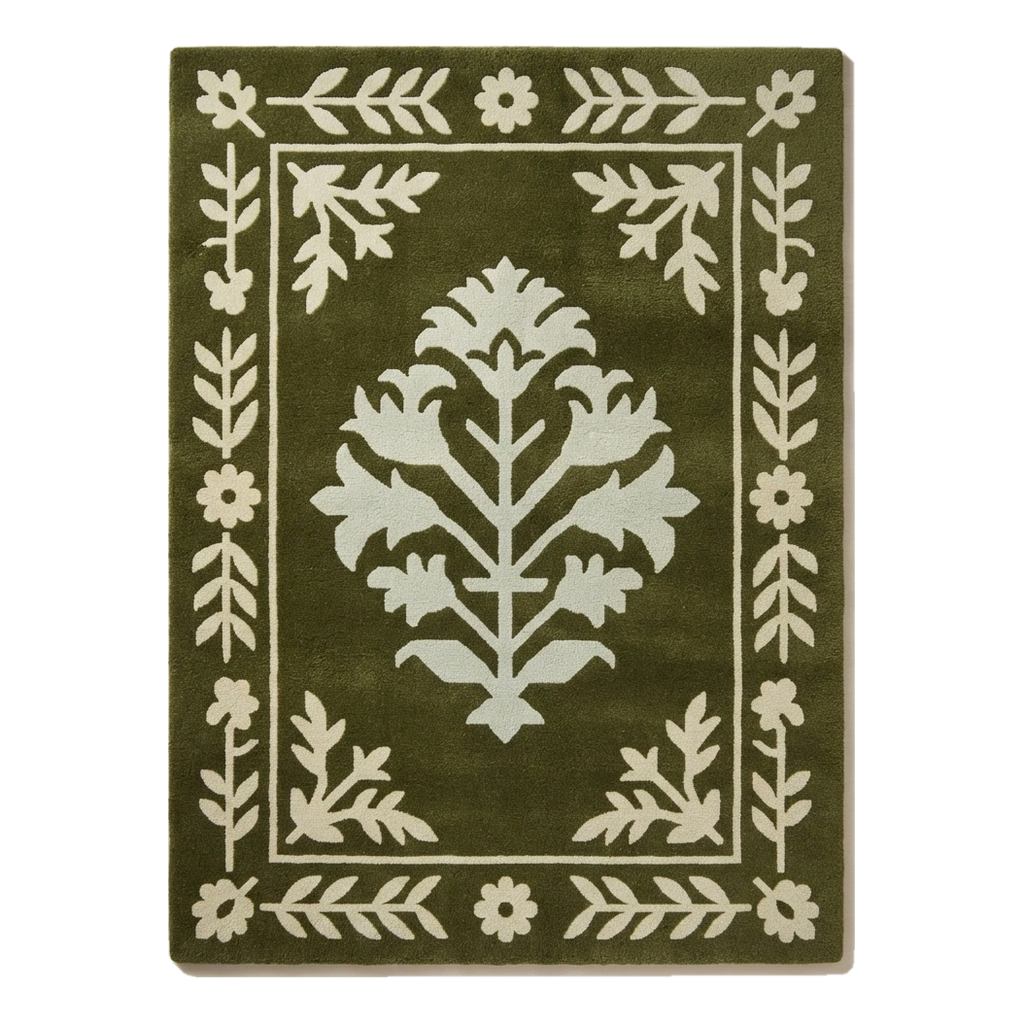 Olive Green Tree of Life Hand-Tufted Rug with Ivory Floral Border