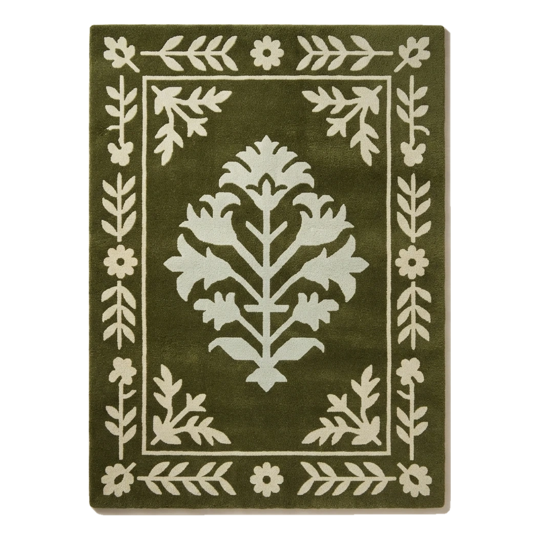 Olive Green Tree of Life Hand-Tufted Rug with Ivory Floral Border