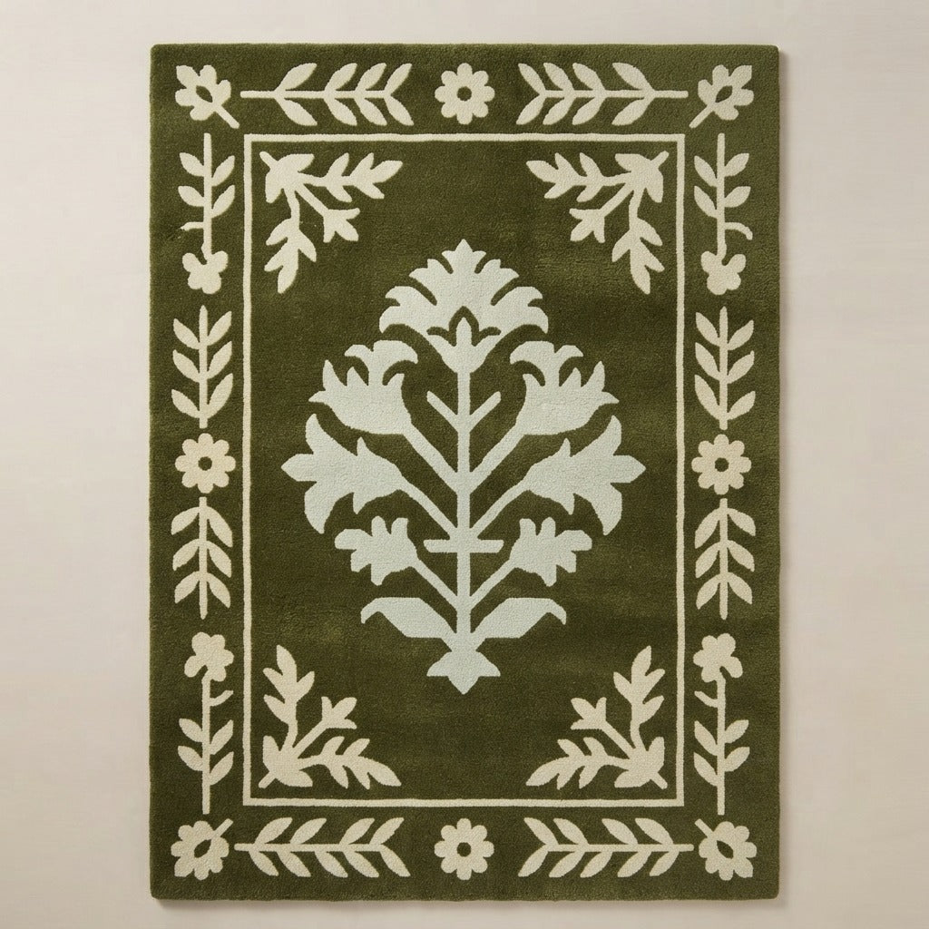 Olive Green Tree of Life Hand-Tufted Rug with Ivory Floral Border - studio photo