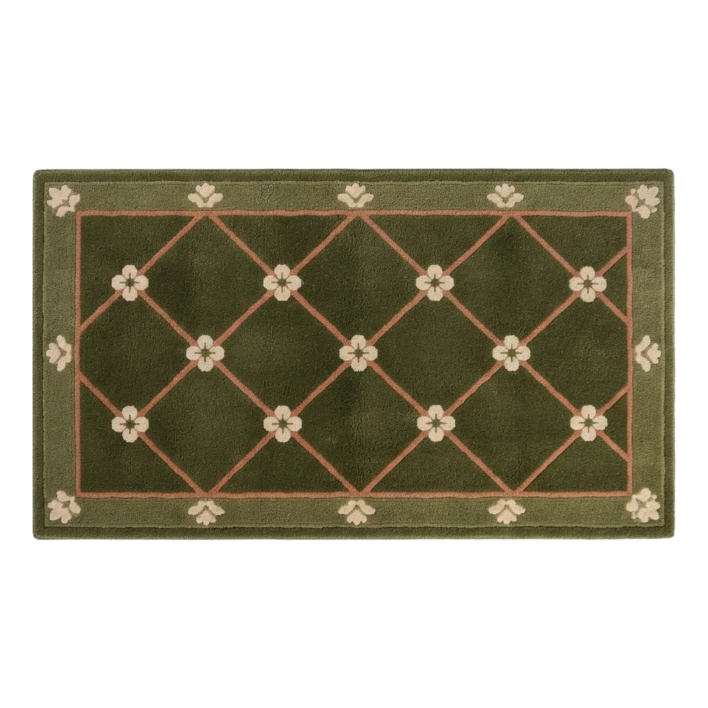 Olive Green Trellis Hand-Tufted Rug with Blush Quatrefoil Blossoms - alternate view