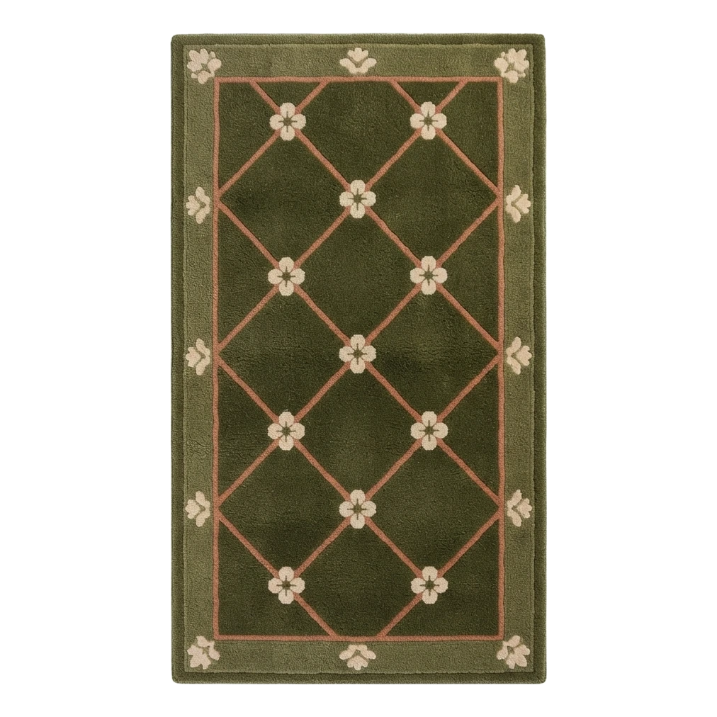 Olive Green Trellis Hand-Tufted Rug with Blush Quatrefoil Blossoms