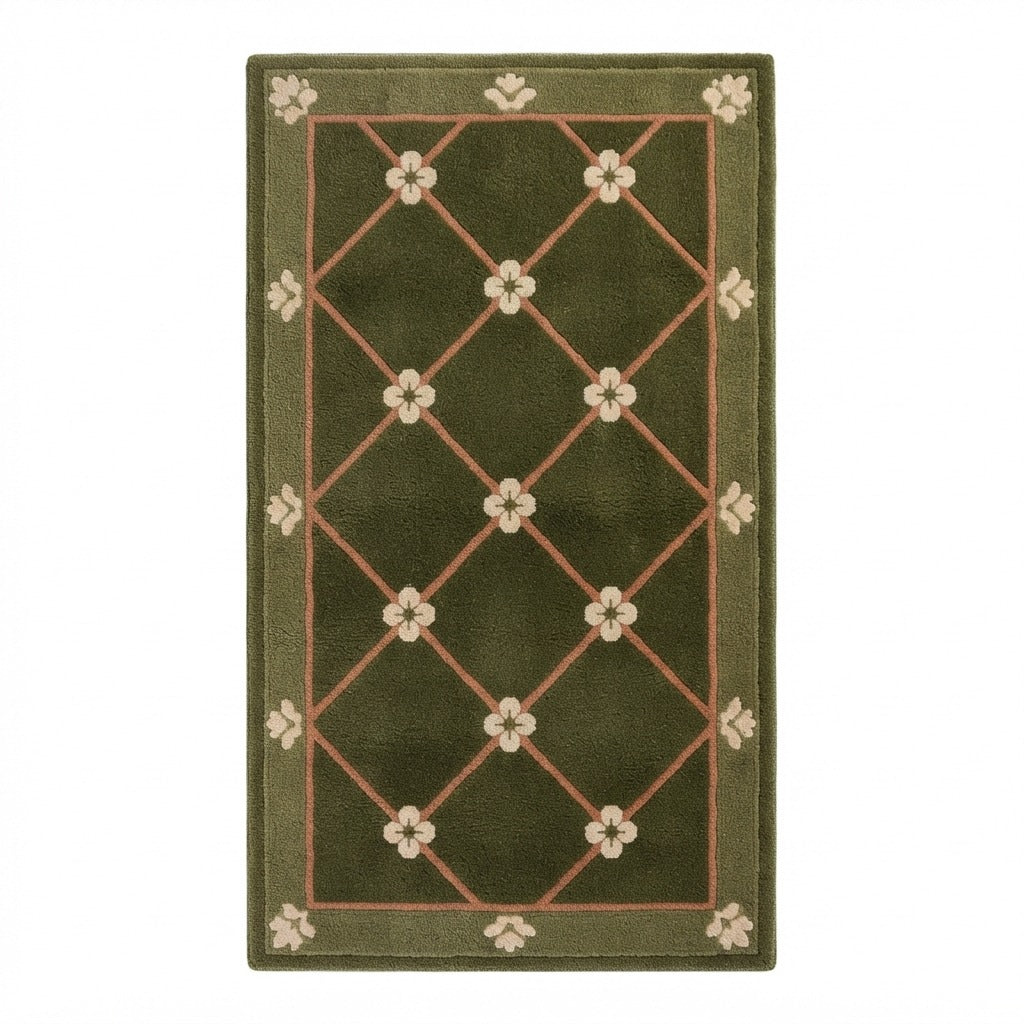 Olive Green Trellis Hand-Tufted Rug with Blush Quatrefoil Blossoms - studio photo