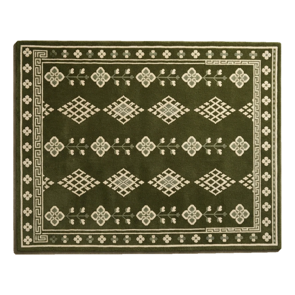 Olive Green Tribal Diamond Hand-Tufted Rug with Ivory Greek Key Border - alternate view