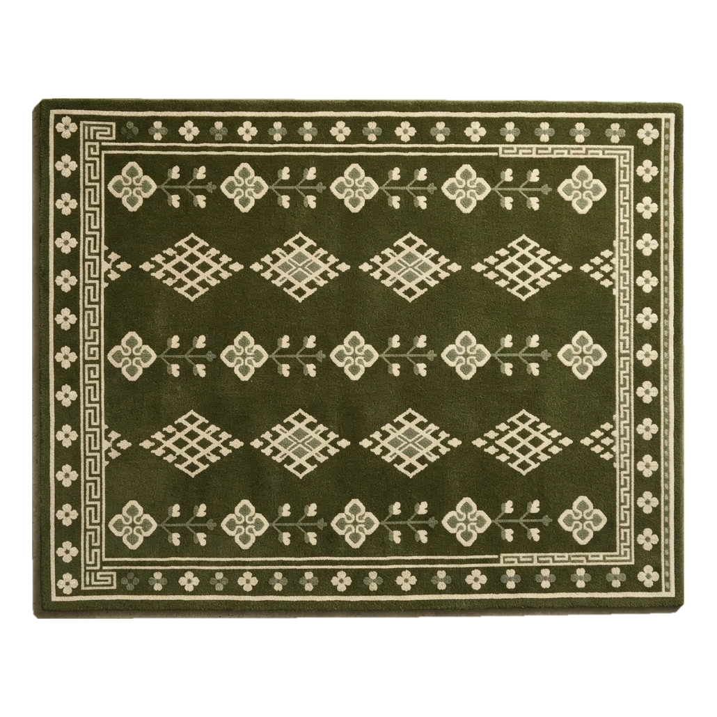 Olive Green Tribal Diamond Hand-Tufted Rug with Ivory Greek Key Border - alternate view