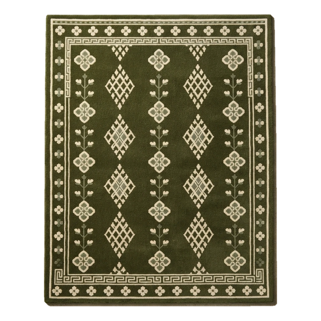 Olive Green Tribal Diamond Hand-Tufted Rug with Ivory Greek Key Border