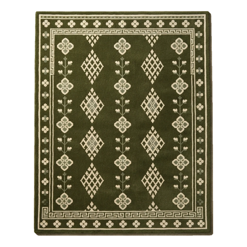 Olive Green Tribal Diamond Hand-Tufted Rug with Ivory Greek Key Border