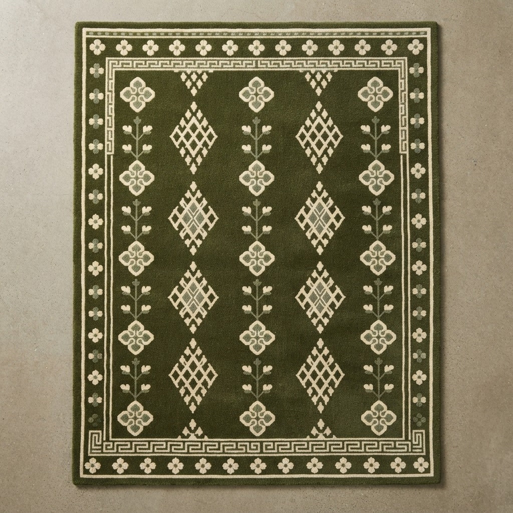 Olive Green Tribal Diamond Hand-Tufted Rug with Ivory Greek Key Border - studio photo